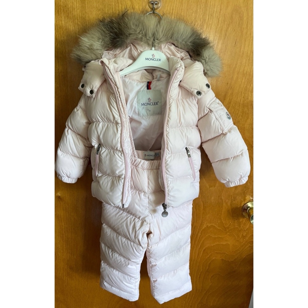 Moncler Light Pink Baby Girls 12-18 Mo Bubble Coat Detachable Hood Snowpants Set